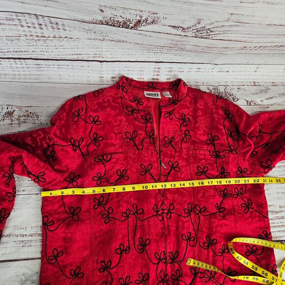 Chico's Red 100% Silk Jacket Black Embroidery Size 3 (XL) Asian Inspired Print - Picture 6 of 10